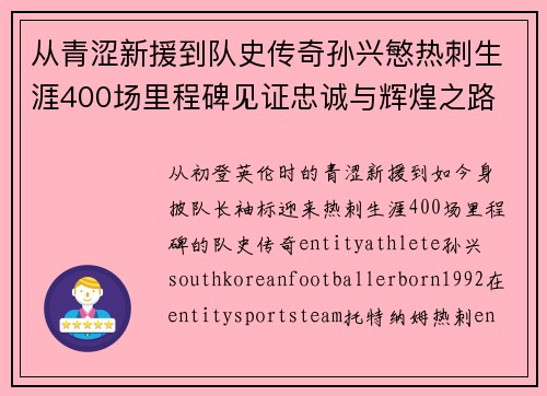 从青涩新援到队史传奇孙兴慜热刺生涯400场里程碑见证忠诚与辉煌之路 ⚽🔥